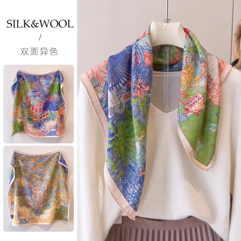 30% seta 70% lana Sciarpa Donna Nuova Bandana Sciarpe quadrate Avvolgere Fazzoletto elegante Primavera Moda Lusso Hijab di alta qualità 63 cm