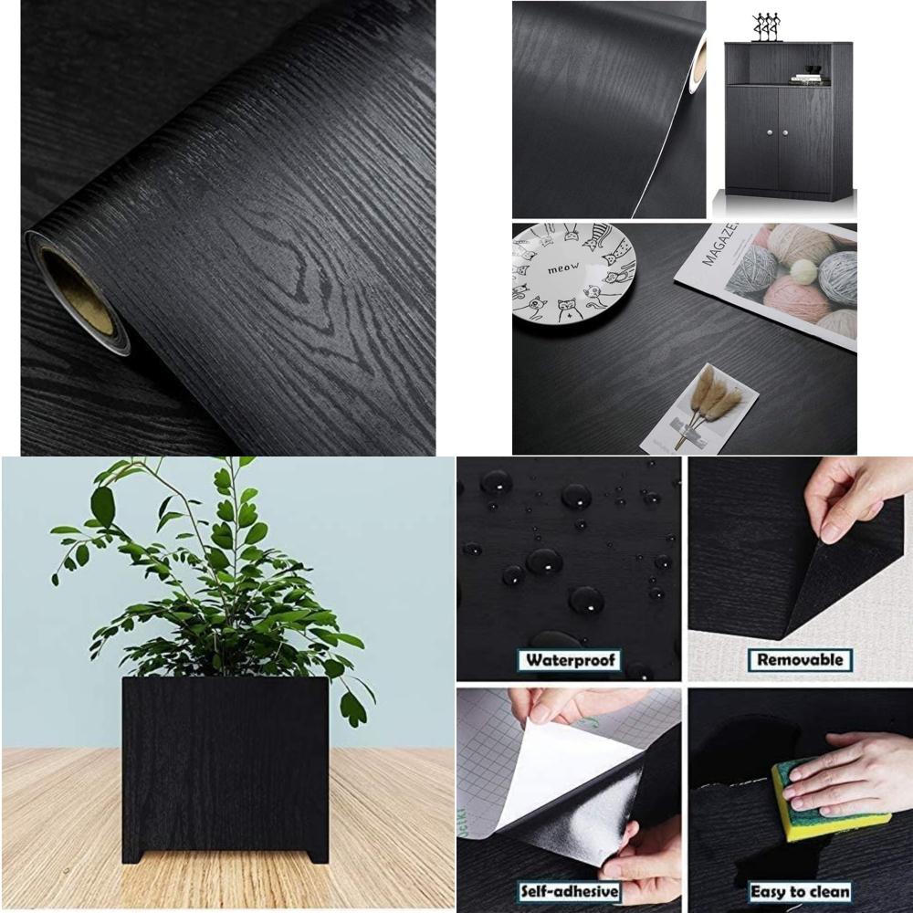 Black Wood Peel and Stick Wallpaper - Self-Adhesive Removable Wall Paper for Countertops, Furniture, Kitchen, and Home Décor