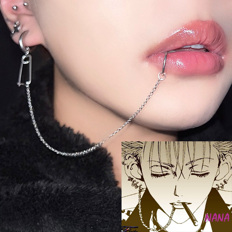 1PC Łańcuch ze stali nierdzewnej Połączony kolczyk na zawiasach Pierścionek na wargę Fałszywy piercing Klips do ust Anime Nana Style Punk Biżuteria Piercing ciała