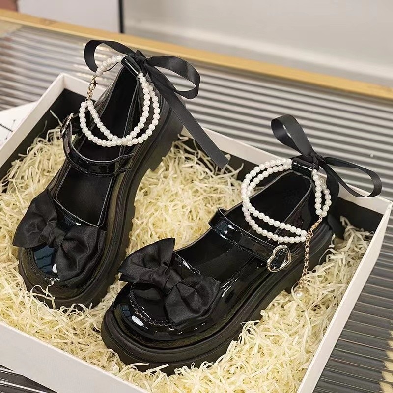 Zapatos Lolita con hebilla de corazón para Mujer, Zapatos Mary Janes con lazo dulce y cadena de perlas, de cuero PU, bombas de fiesta de fondo grueso