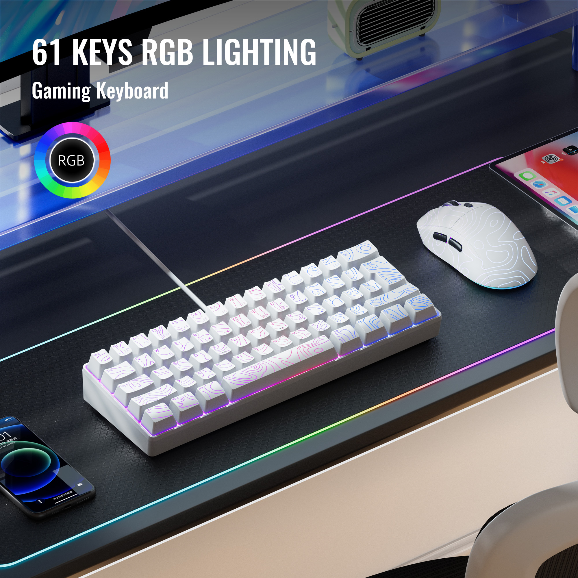 Компактная проводная клавиатура с RGB-подсветкой и мембранными переключателями (60% форм-фактор) Подходит для планшетов, ноутбуков и игровых устройств на базе Windows. Белый.