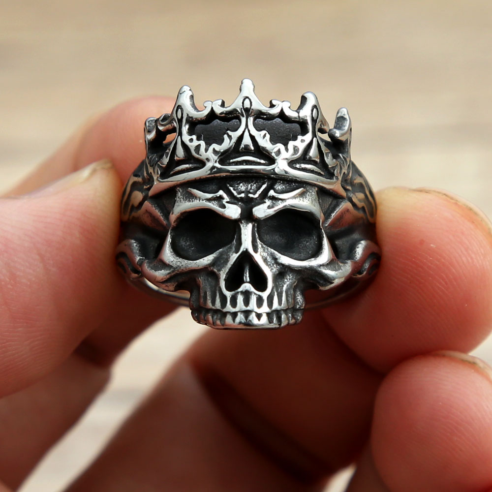 Cincin Punk Tengkorak Kalvarium Mahkota Gotik Antik Hadiah Perhiasan Mode Halloween Baja Tahan Karat 316L untuk Pria Ukuran 7-13