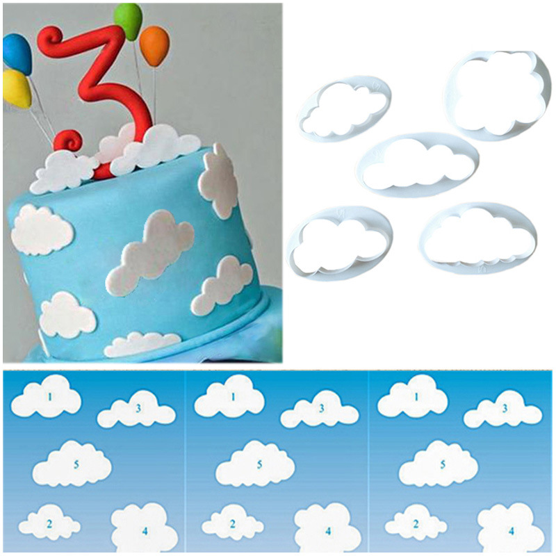 Cortador De Biscoitos De Forma De Nuvem De Plástico, Custom Made, 3D Impresso Fondant, Molde De Biscuit, Ferramentas De Decoração Do Bolo, 5pcs por conjunto