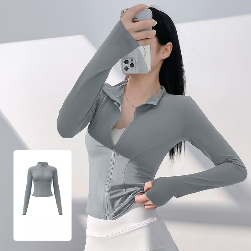 Ropa de protección solar de seda helada para Yoga con cuello levantado, chaqueta fina deportiva adelgazante versátil y ajustada para verano para mujer