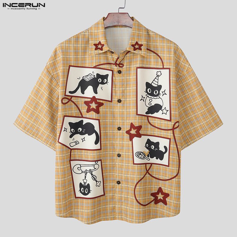 Camisa Masculina INCERUN com Estampa Xadrez e Detalhes em Patchwork, Manga Curta, Estilo Coreano Solto, Moda Masculina Verão 2026