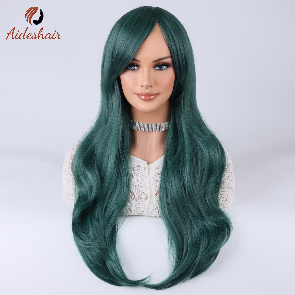 Aideshair สีเขียวเข้มกลางเส้นทแยงมุมวิกผมลอนยาวสําหรับผู้หญิงเส้นใยสังเคราะห์ทนความร้อนวิกผมทุกวันคอสเพลย์ปาร์ตี้