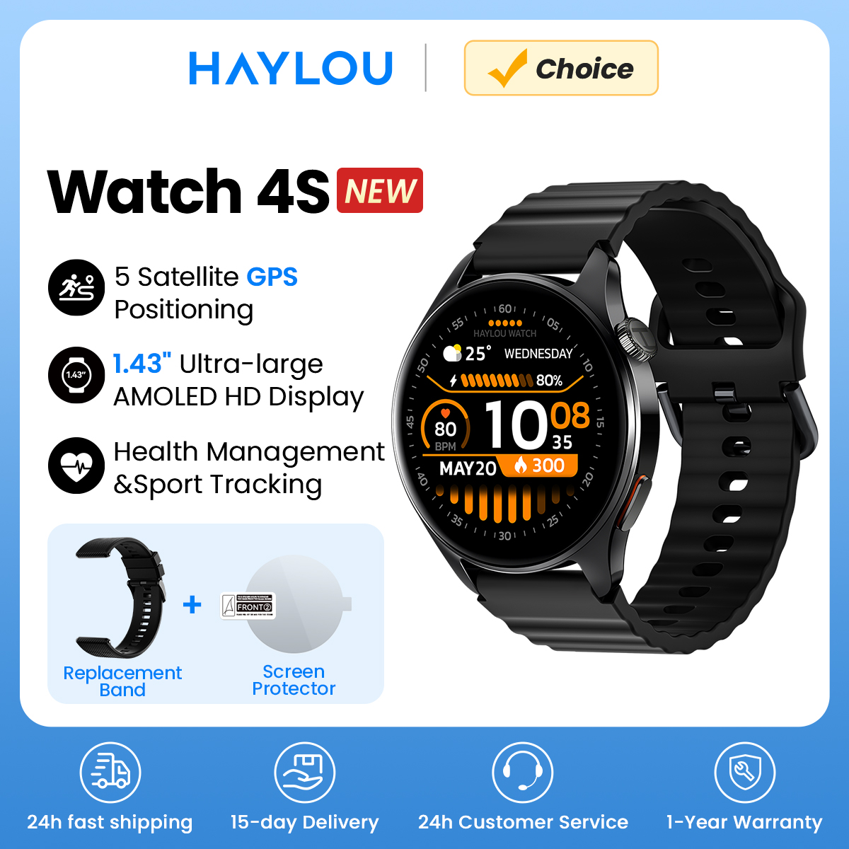 Relógio HAYLOU 4S(HF012) Smartwatch GPS 1.43” HD AMOLED com Posicionamento GPS por 5 Satélites e 120+ Modos de Treino