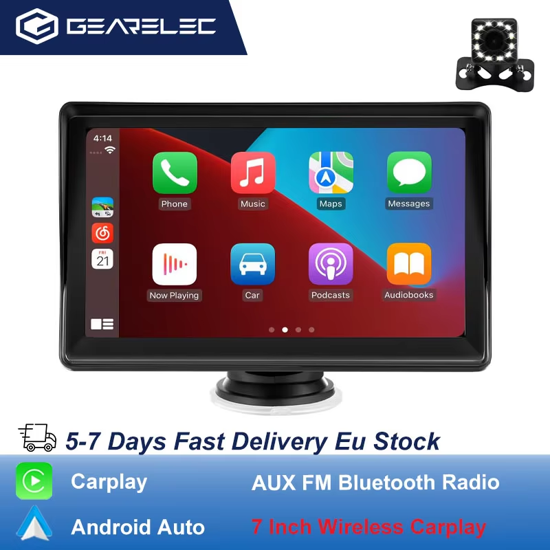 Leitor multimídia estéreo para carro portátil, CarPlay sem fio, Android Auto, Transmissor FM, BT, WiFi, AUX, tela USB, 7 Polegada