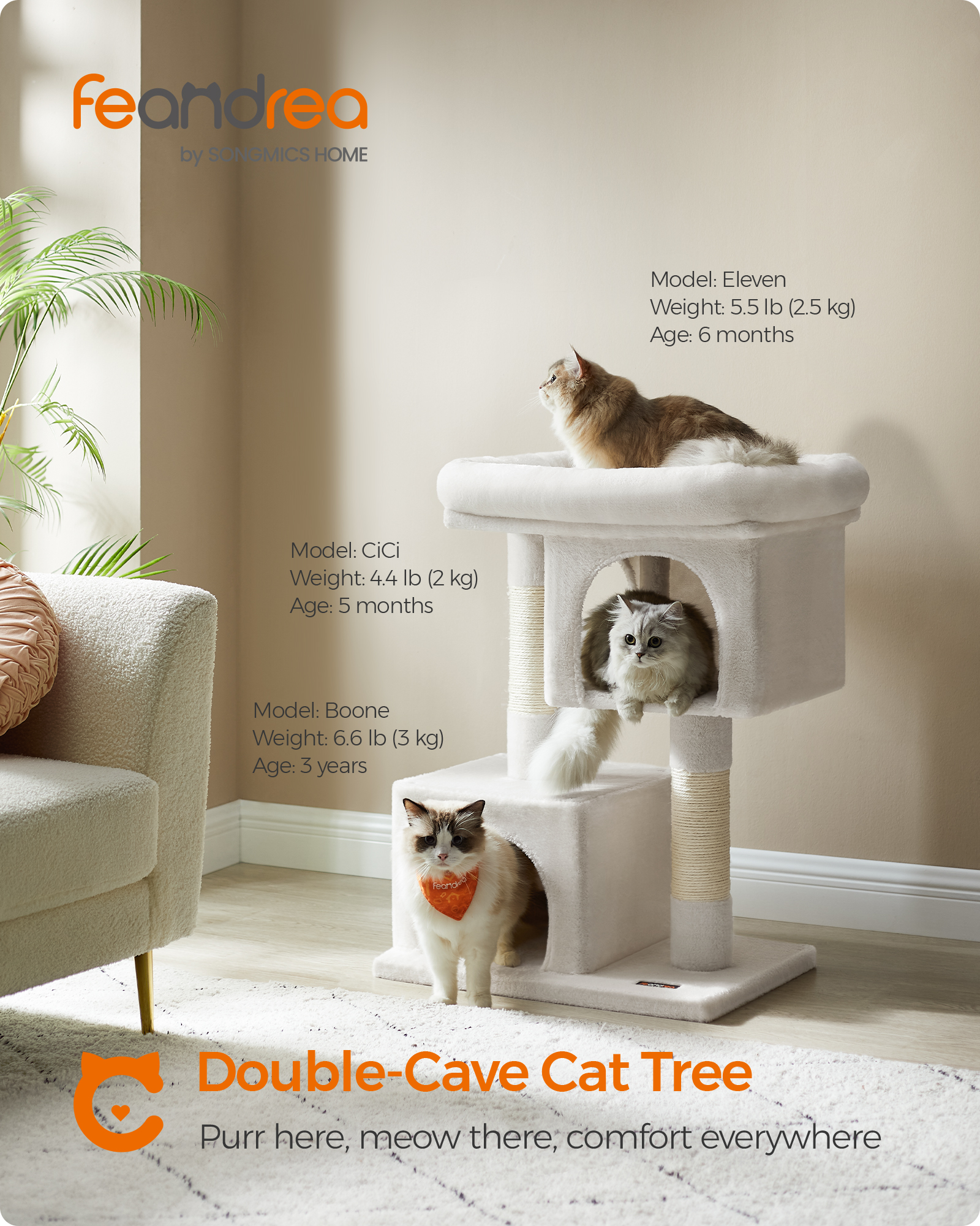 Albero per gatti Feandrea, torre per gatti da 84 cm, condominio per gatti per gatti di grandi dimensioni fino a 7 kg,2 cave per gatti, tiragraffi