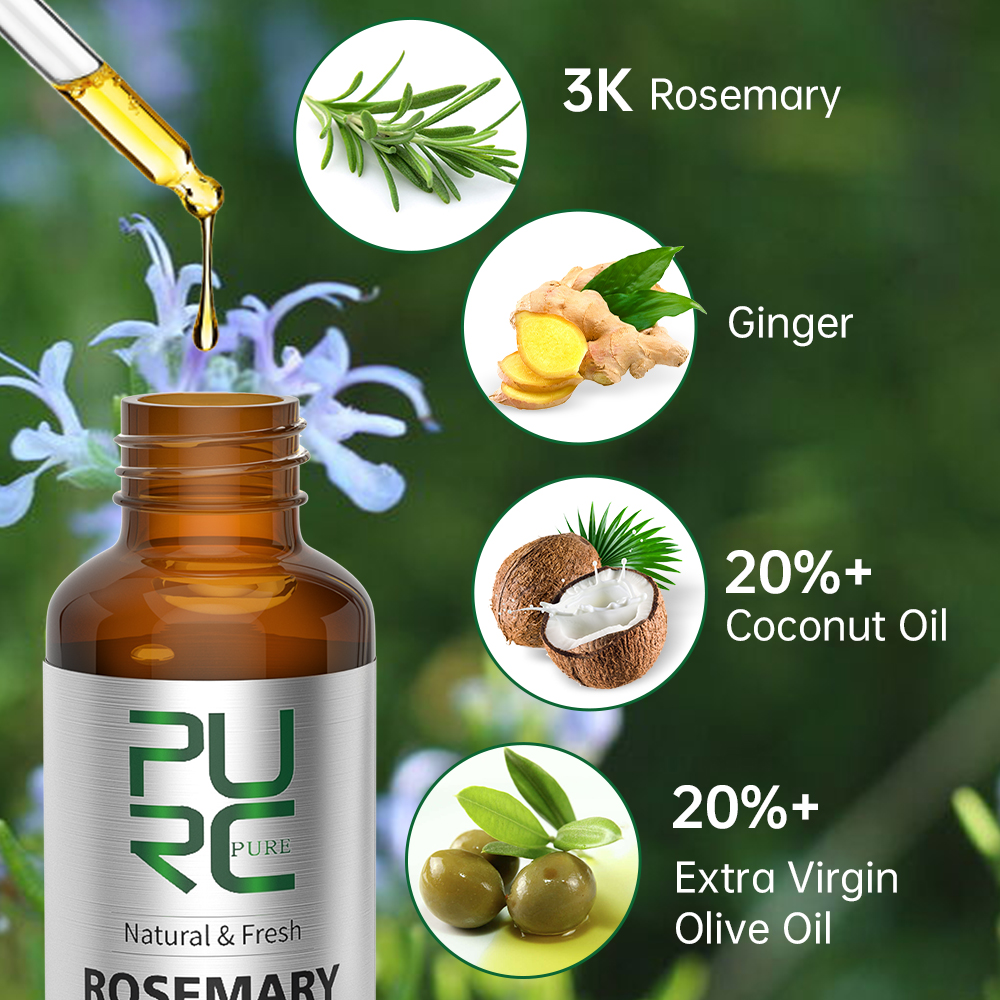 PURC Olejek rozmarynowy Produkty na porost włosów dla mężczyzn Kobiety Imbir Przeciw wypadaniu włosów Szybki odrost Grubsze olejki Leczenie skóry głowy Pielęgnacja włosów