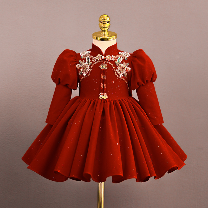 Nowe dziewczyny elegancka wieczorowa suknia balowa księżniczki moda dziecięca zroszony wzór z kokardką z długim rękawem urodziny suknia ślubna y1409