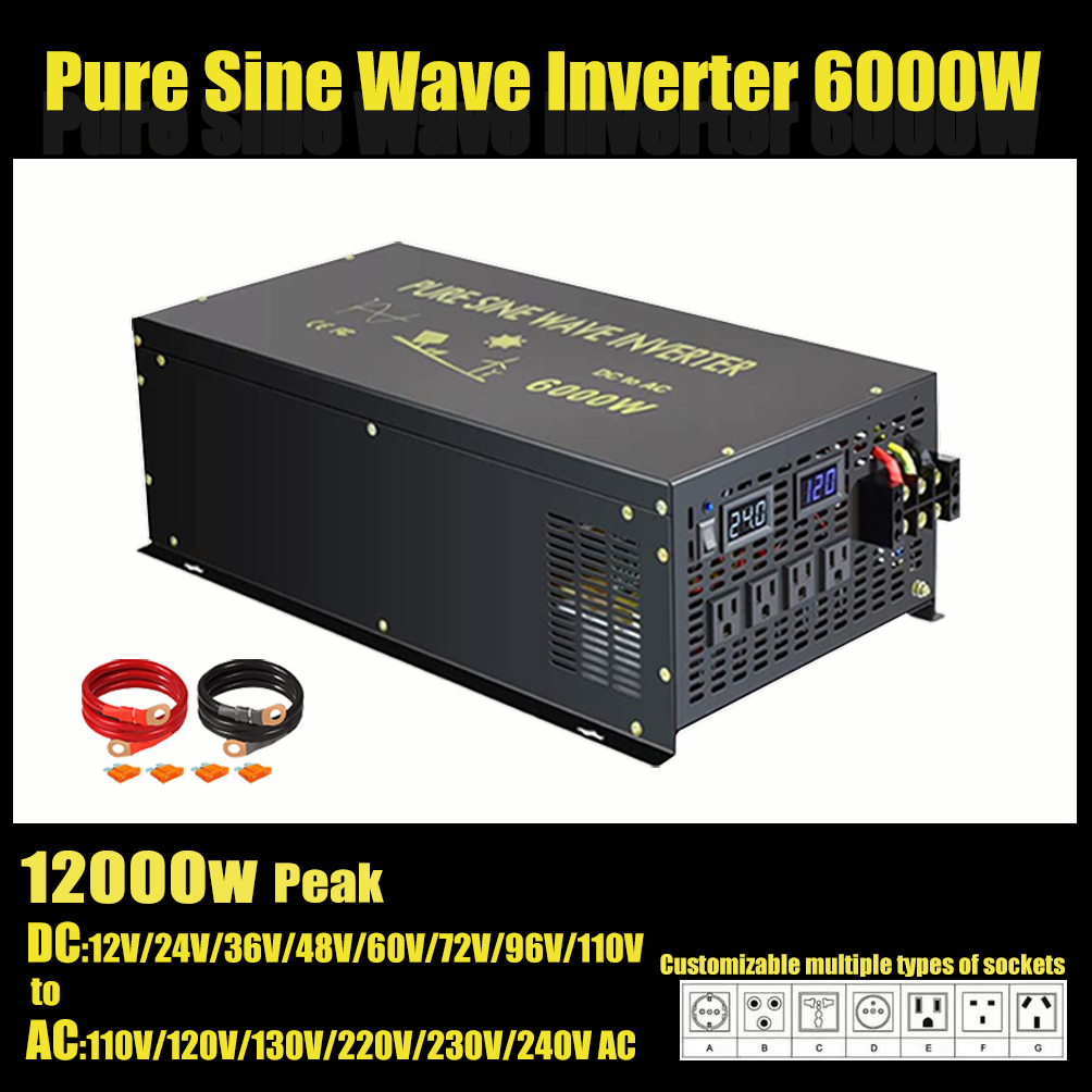 Onduleur solaire à onde sinusoïdale pure, convertisseur de voiture, banque d'alimentation domestique, 6000W, 12V, 24V, 36V, 48V, 96V, DC à 120V, 230V, 240V AC