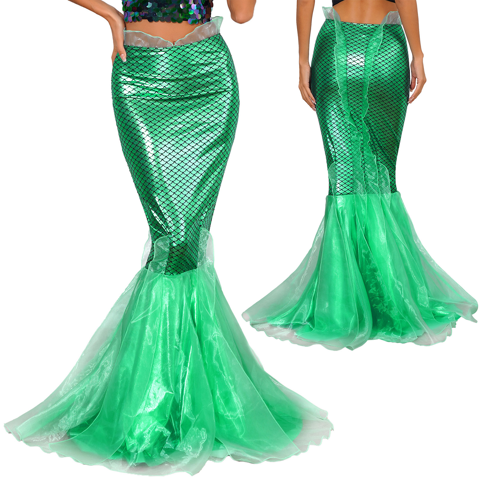 Trajes de halloween feminino sereia cauda vestir-se festa brilhante metálico fishtail longo maxi saias sereia role play cosplay vestido