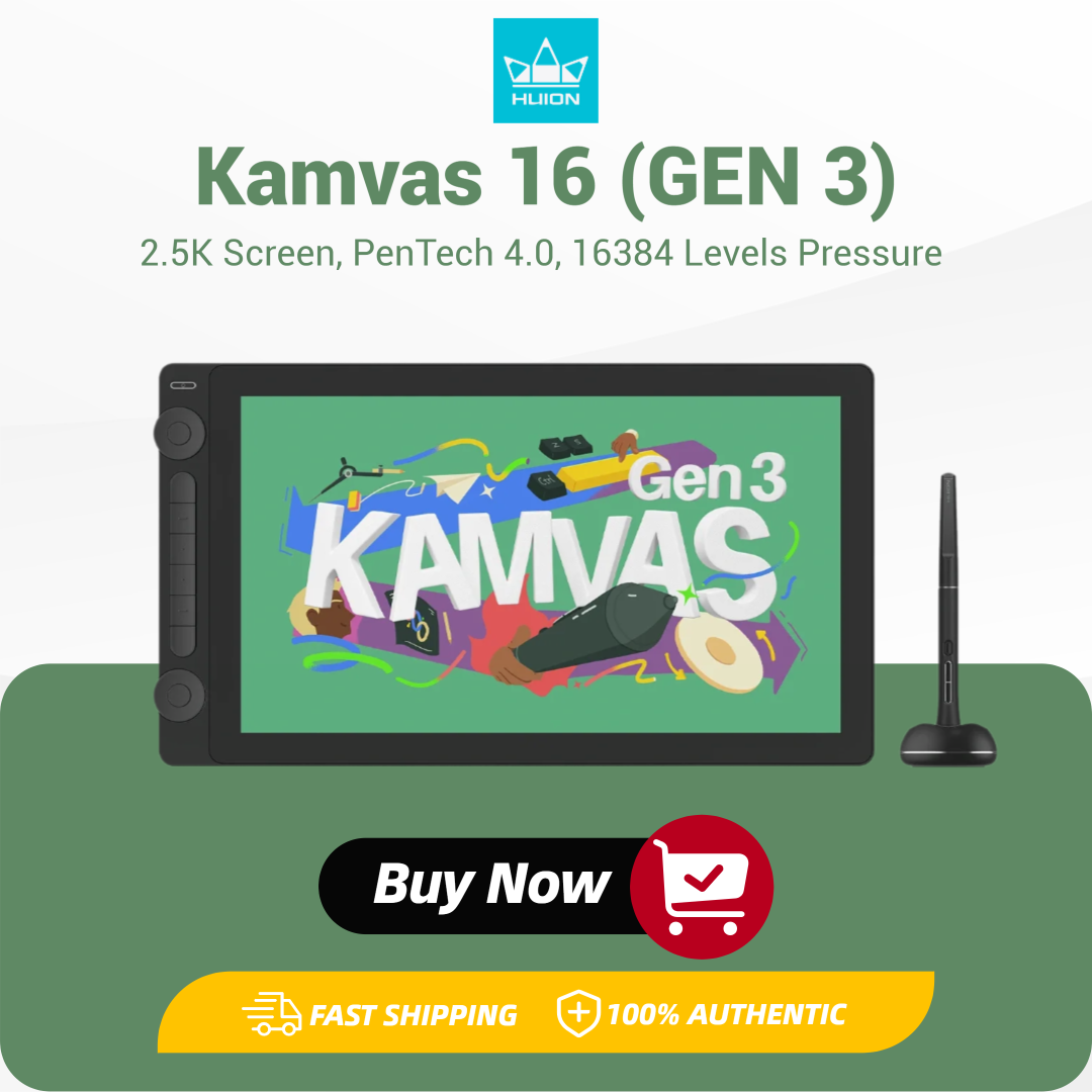 15.8 Inch HUION Kamvas 16(GEN 3) Graphics Tablet 2.5K Screen Drawing Display with PenTech 4.0 16384 Levels Battery-free Pen