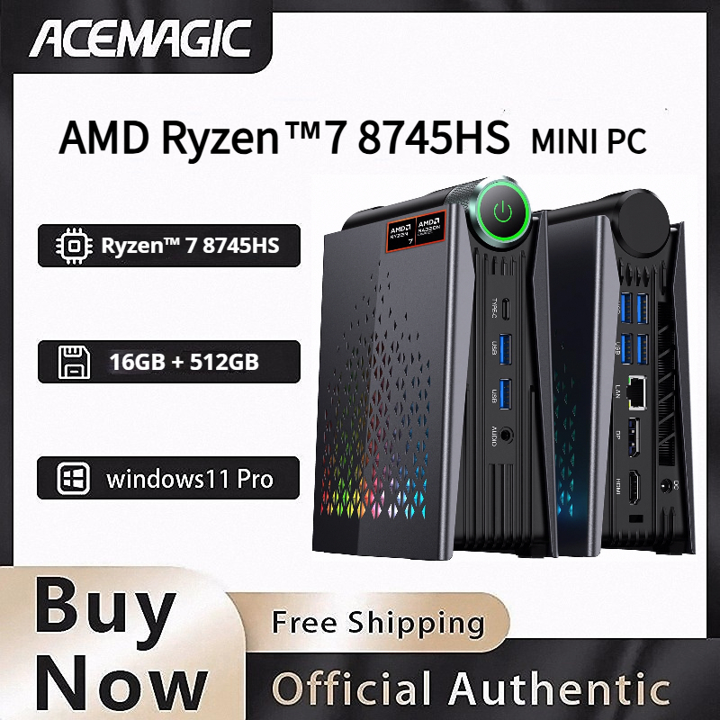 Mini PC ACEMAGIC AMD Ryzen 7 8745HS, ordinateur mini PC, 16 Go de RAM, 512 Go de SSD, WIFI 6, BT5.2 avec éclairage RGB, 4K triple, Windows 11 Pro