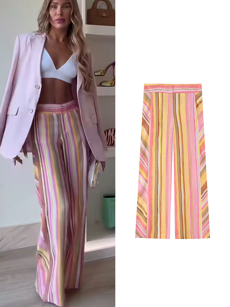 Nouveau pantalon pour femme TFMLN, rayé, droit, multicolore, à jambes larges, long, décontracté, mode streetwear, tenue pour femmes