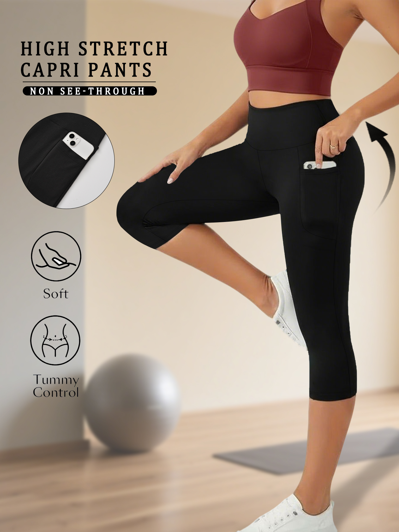 Pantalon Capri Taille Haute pour Femme avec Poches, Effet Ventre Plat, Non Transparent, pour Entraînement, Course, Yoga, Athlétique, Legging Push-Up de Sport