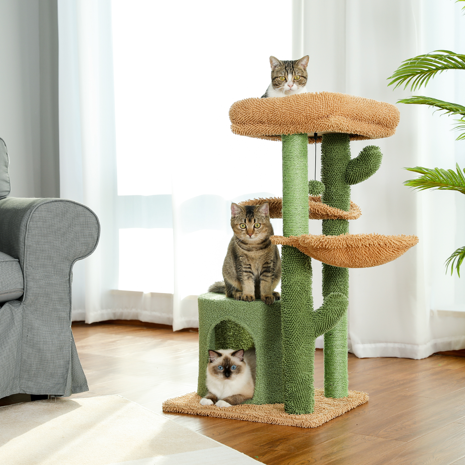 Cat Tree Cactus Cat Tower บ้านแมวพร้อมเสาลับเล็บเฟอร์นิเจอร์บ้านเล่นน่ารักพร้อมคอนโด Nest Mordern Pet Scratcher