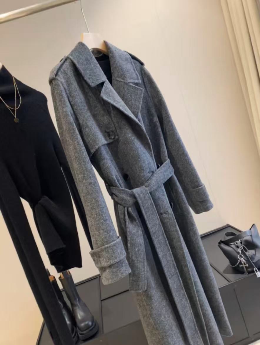 Manteau en laine mélangée de laine pour femmes, nouveau style Original gris 2025, avec ceinture, manteau long en laine polaire double face