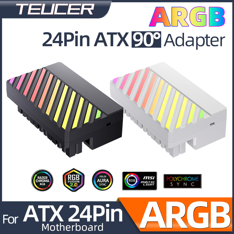 Teucer ATX 24 broches 90 degrés carte mère alimentation ARGB câble connecteur prise adaptateur bricolage montage accessoire pour ordinateurs de bureau PC