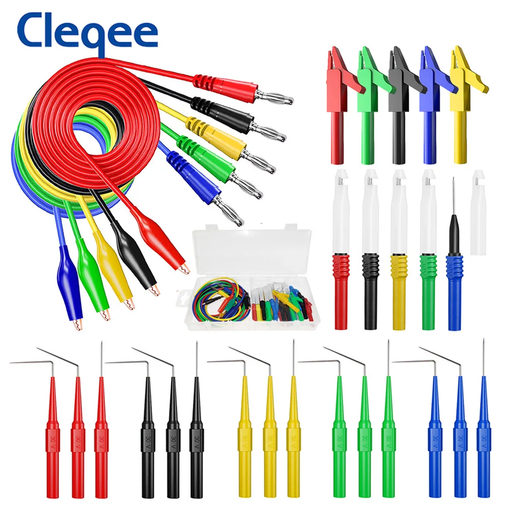 Cleqee P1920B 30 Uds Kit de sonda trasera cables de prueba multímetro conector Banana de 4mm a pinzas de cocodrilo sonda de perforación de alambre herramienta automotriz