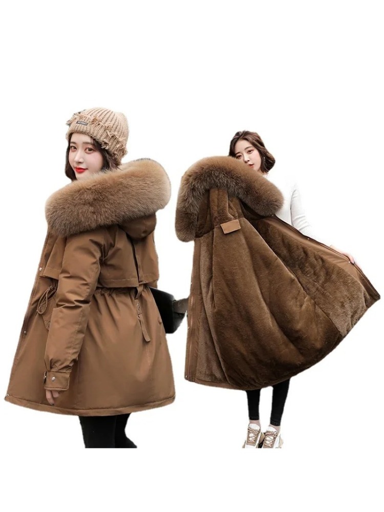 Parka larga con forro de lana para mujer, abrigo ajustado con Cuello de piel, ropa cálida acolchada para la nieve, color azul, novedad de invierno, 2025