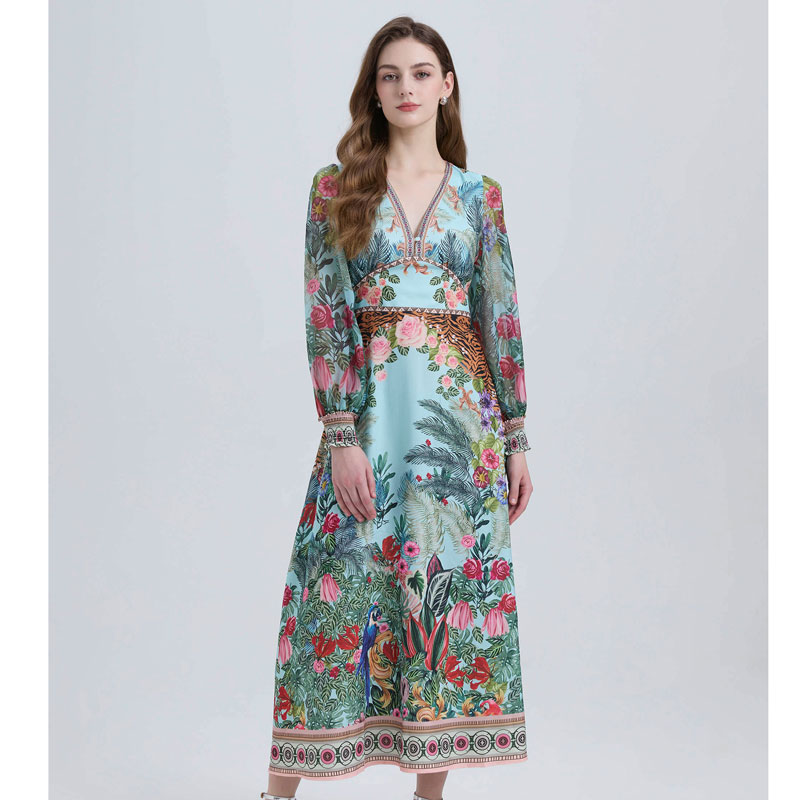 Holiday Gorgeous Flower Long Dress abbigliamento donna Chiffon Lantern Sleeve scollo a v stampa floreale vita alta a-line Party Vestidos