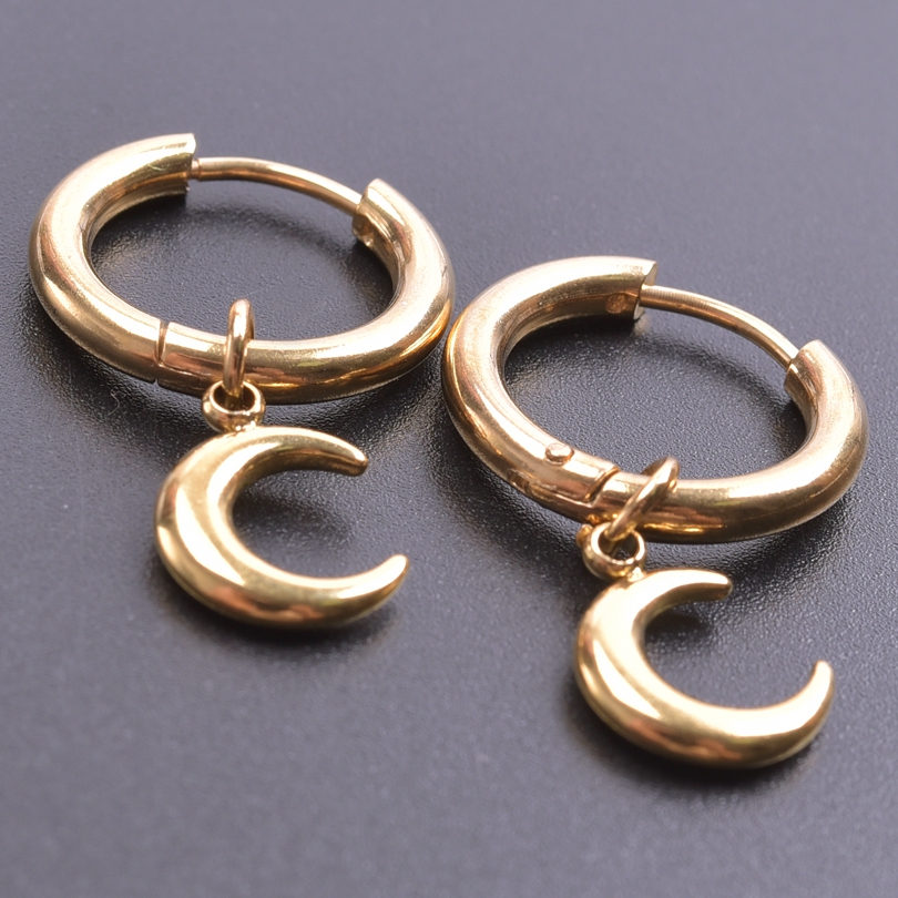 Upright Moon Charm ต่างหู Lune จี้ต่างหูสแตนเลสสําหรับผู้หญิงผู้ชายแฟชั่นเครื่องประดับรอบ Hoops Piercing Oorbellen