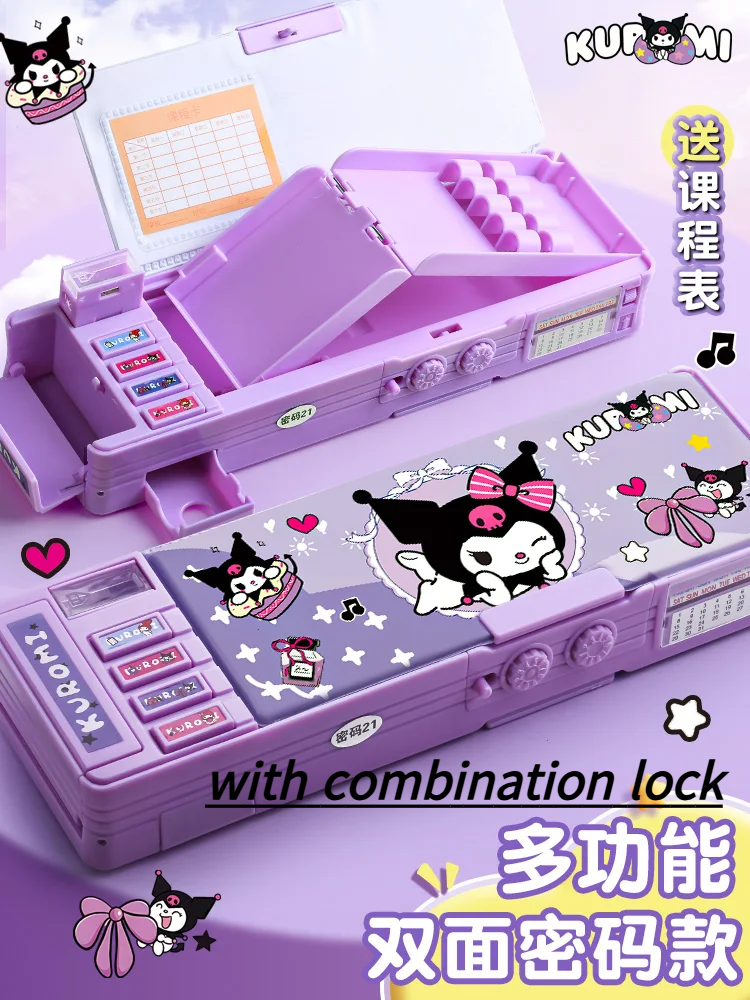 Kuromi Melody Multifunktionales automatisches Stiftetui mit Zahlenschloss, Stifttasche, großes Fassungsvermögen, Schreibwarenbox, Desktop-Aufbewahrung