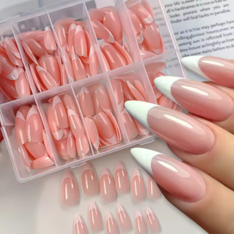 Faux ongles français en amande rose, couverture complète, pointe pour femmes, presse française sur les ongles, mariage/quotidien, réutilisables