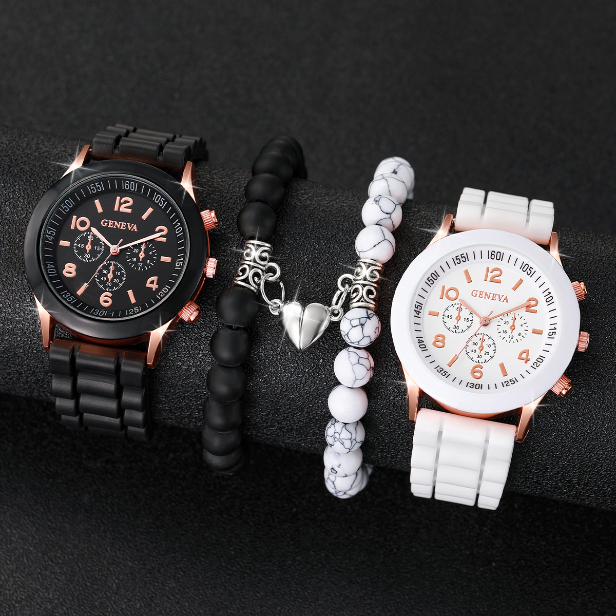 4 Pçs/set Genebra Casal Relógio Moda Banda de Silicone Relógios de Pulso de Quartzo Conjunto de Pulseiras de Contas de Coração Magnético