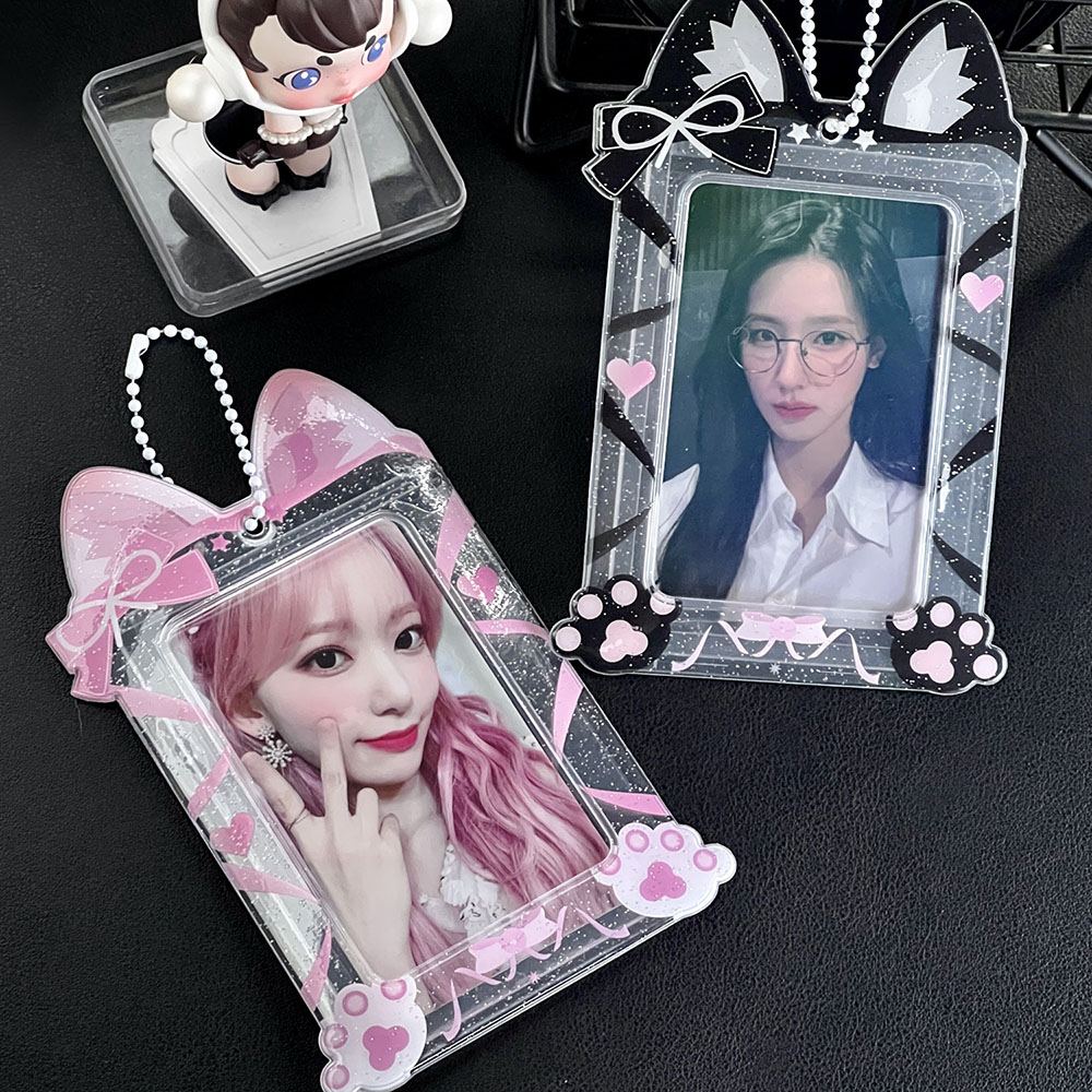 Soporte para sesión fotográfica de gato, Idol transparente con purpurina, fundas para tarjetas fotográficas de 3 pulgadas, funda para tarjeta de identificación de estudiante de PVC, llavero, colgante para bolso