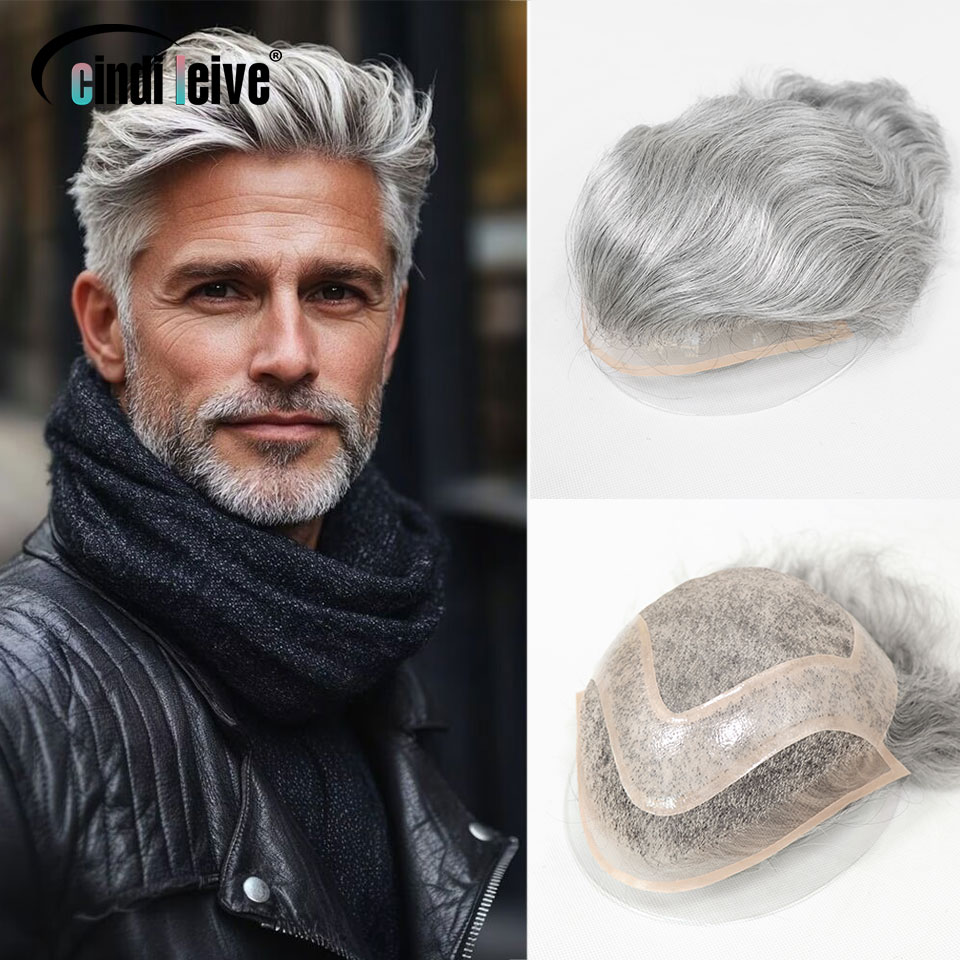 Peluquín frontal de encaje de PU Mono ondulado Natural para hombres, cabello humano, pieza de cabello Invisible, peluca masculina, prótesis capilar para hombres