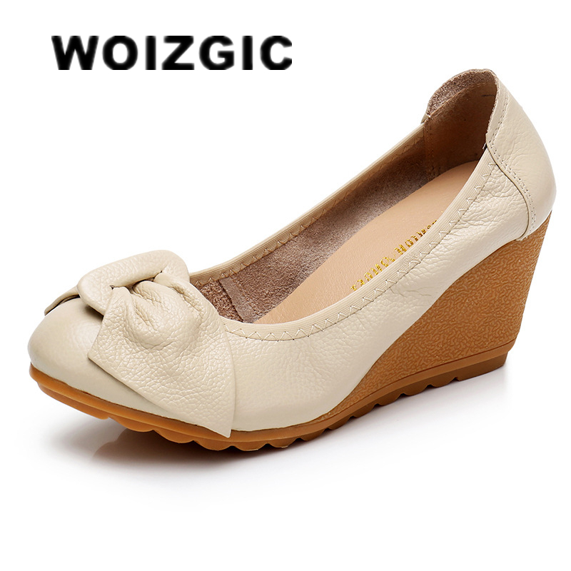 Woizgic Vrouwen Dames Vrouwelijke Moeder Vrouw Echt Lederen Schoenen Flats Hoge Hakken Slip Op Zomer Boog-knoop Maat 34-40 ZBM-A08