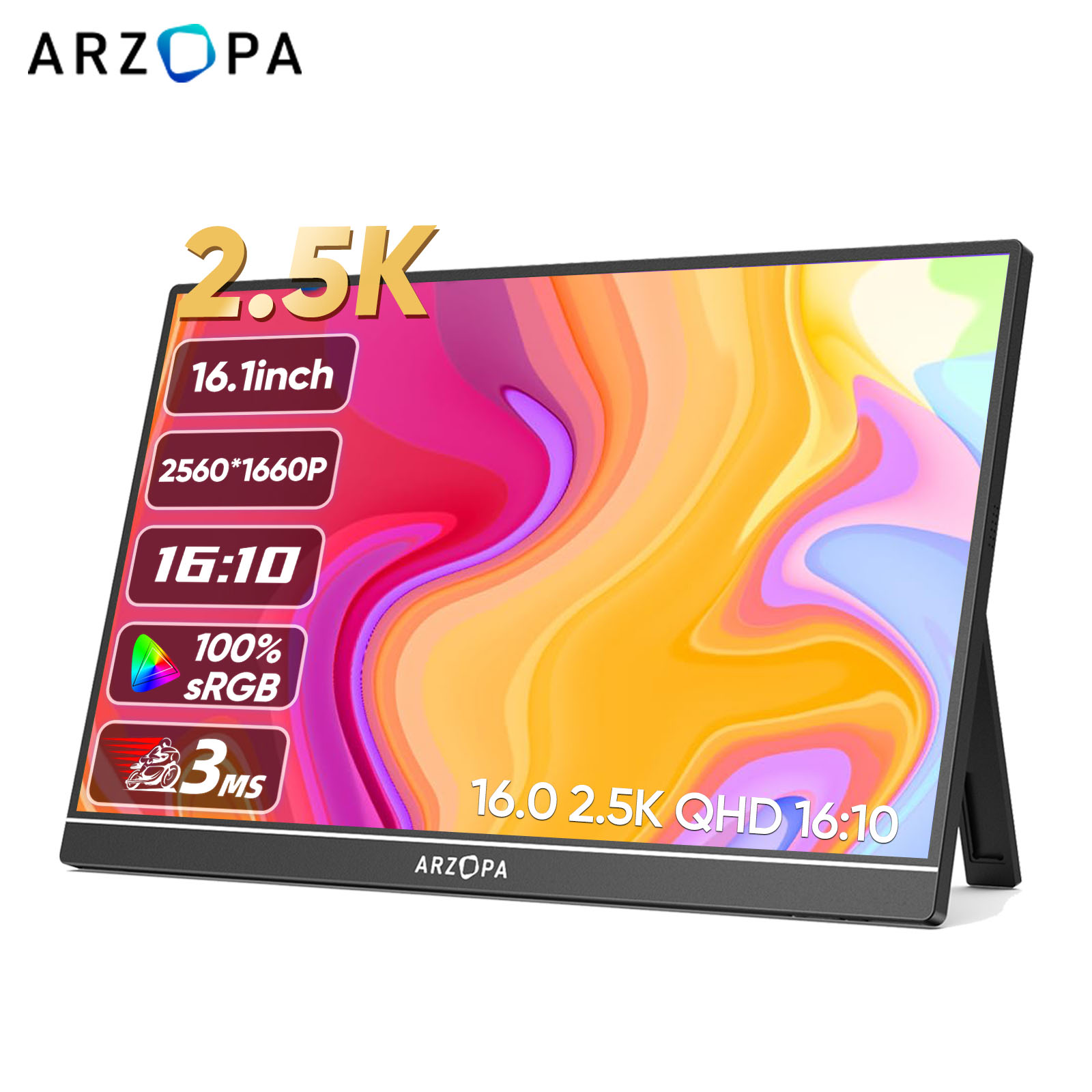 ARZOPA 16-calowy przenośny monitor 2K 16:10 ekran IPS z drugim wyświetlaczem mini hdmi typu c dla MAC/laptopa/PC/Xbox/PS4/5/Switch, Z1RC