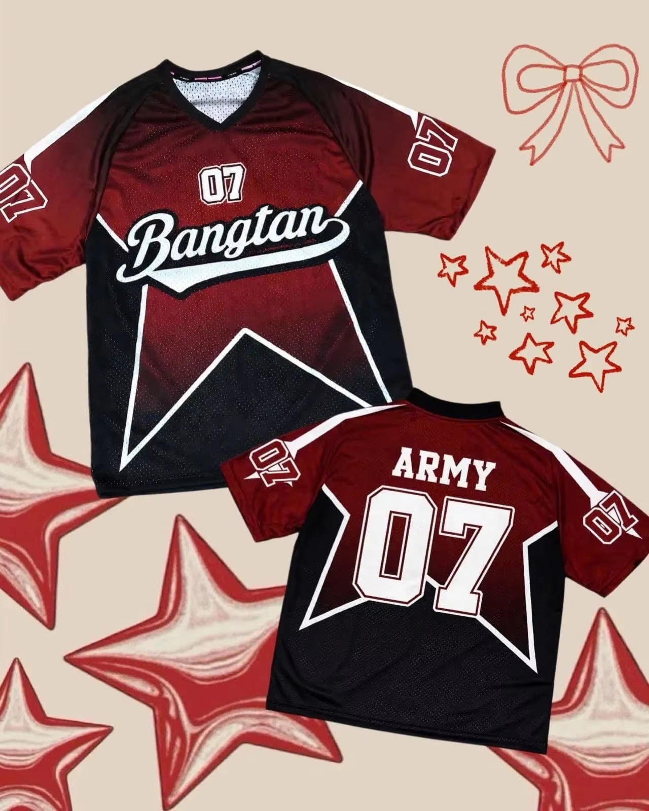 Camiseta de Malha com Estampa de Estrela em Gradiente Vermelho e Preto Kpop BTS Bangtan ARMY 07, Manga Curta, Estilo Streetwear para Homens, Mulheres e Família