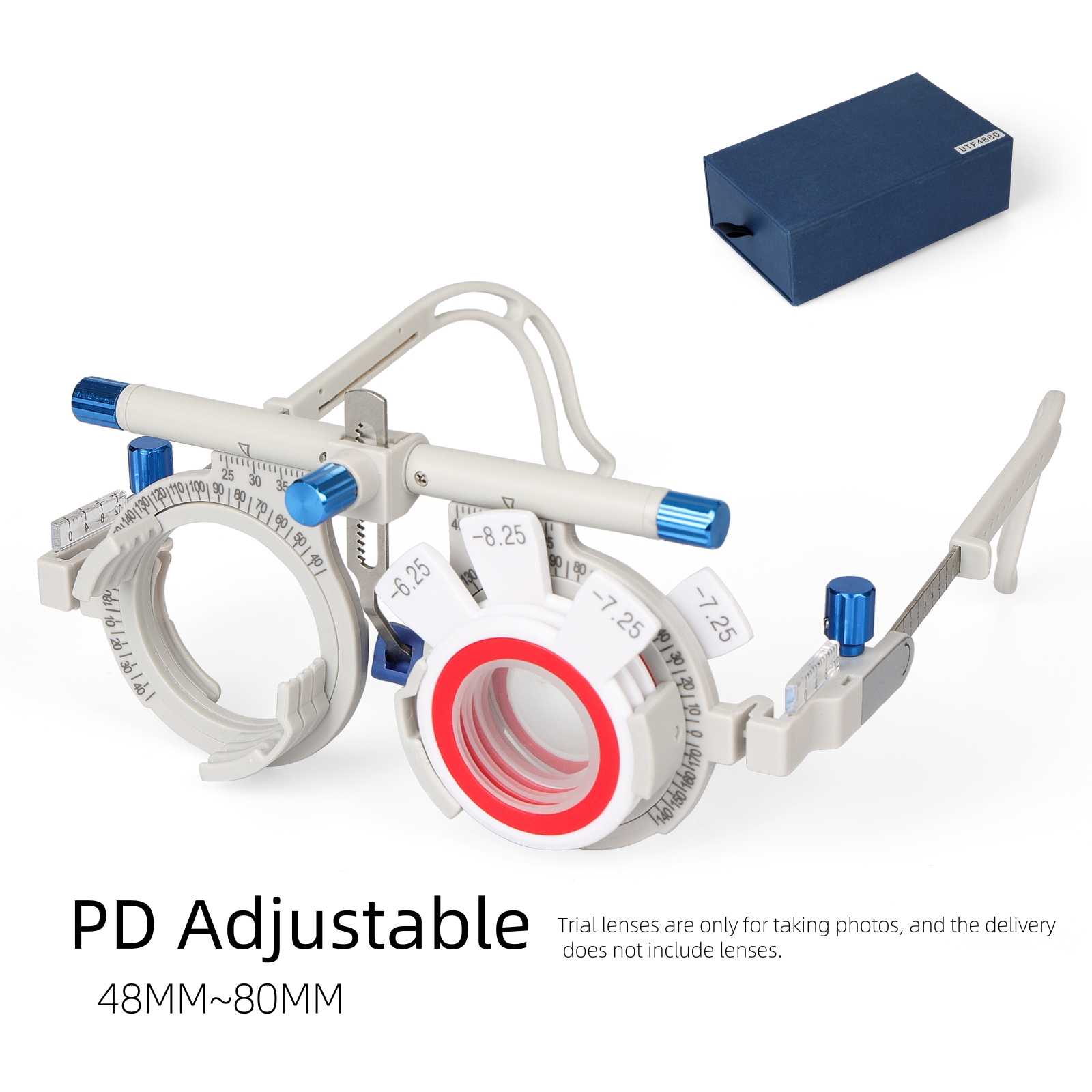 Montura de Prueba de Optometría Ligera, PD 48-80mm Ajustable |   4 Ranuras para Lentes con Escala de Distancia Ocular |   Herramienta Universal de Prueba para Gafas