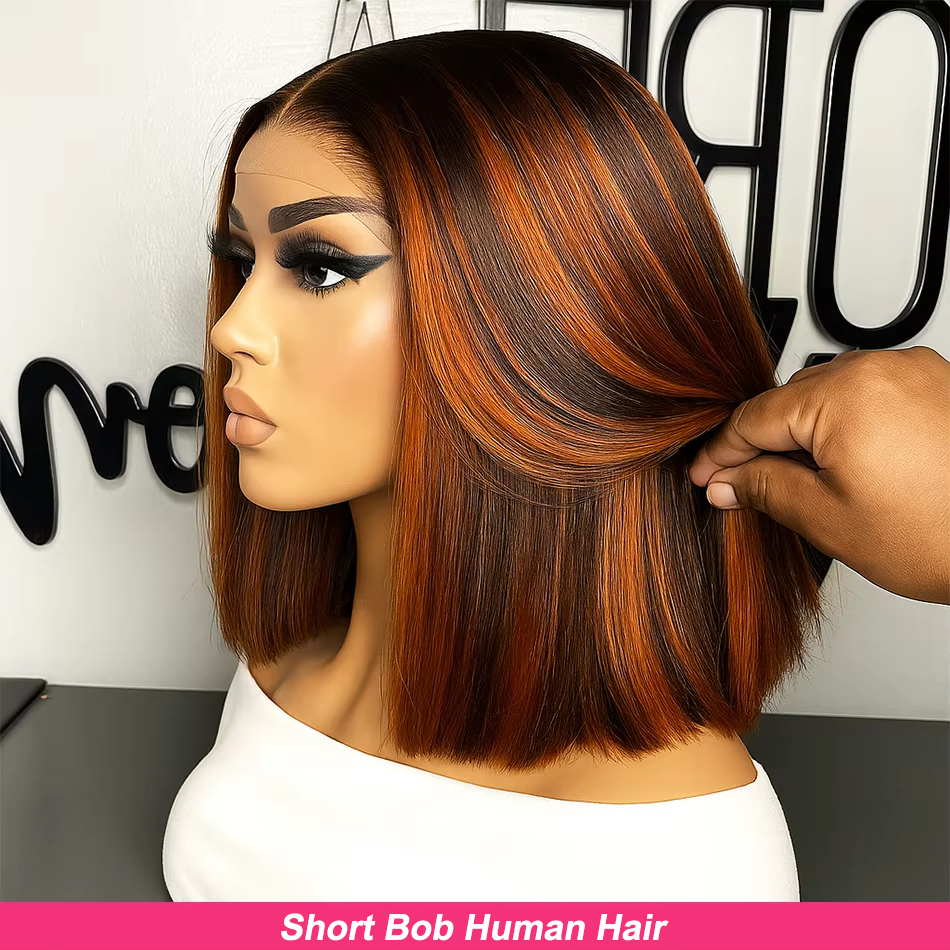 # 4/350 destaque gengibre marrom curto bob peruca de cabelo humano em linha reta 13x4 hd peruca frontal do laço transparente colorido 5x5 peruca sem cola