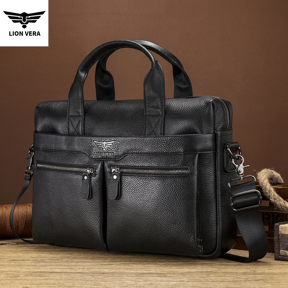 Tas Kerja Pria LION VERA Kapasitas Besar, Kulit Asli, Tas Selempang Laptop Portabel dengan Ritsleting, Tas Kerja Crossbody