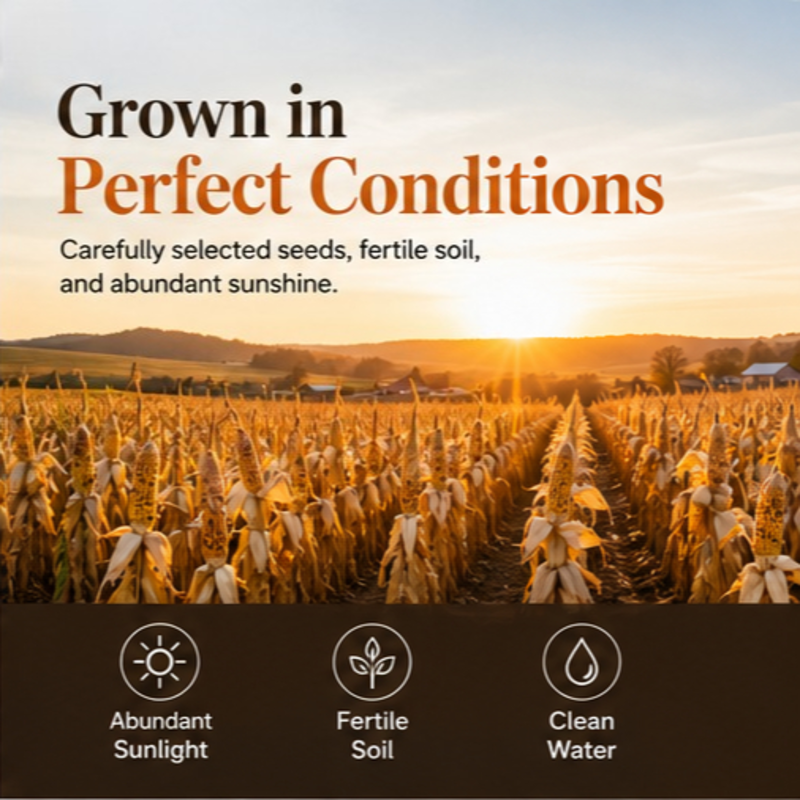Maíz N47 saludable en espiga para familias, cultivado en suelo negro rico. Varios sabores a elegir, sin aditivos artificiales. Granos tiernos y plumpos con un sabor dulce natural superior.