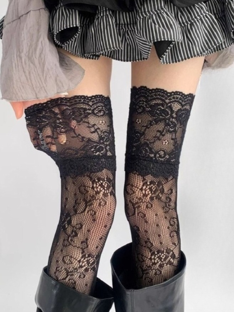 Bas résille en Nylon pour femmes, Sexy, garniture en dentelle, rétro, Floral, maille douce, respirant, cuissardes hautes, longues, JK, au-dessus du genou