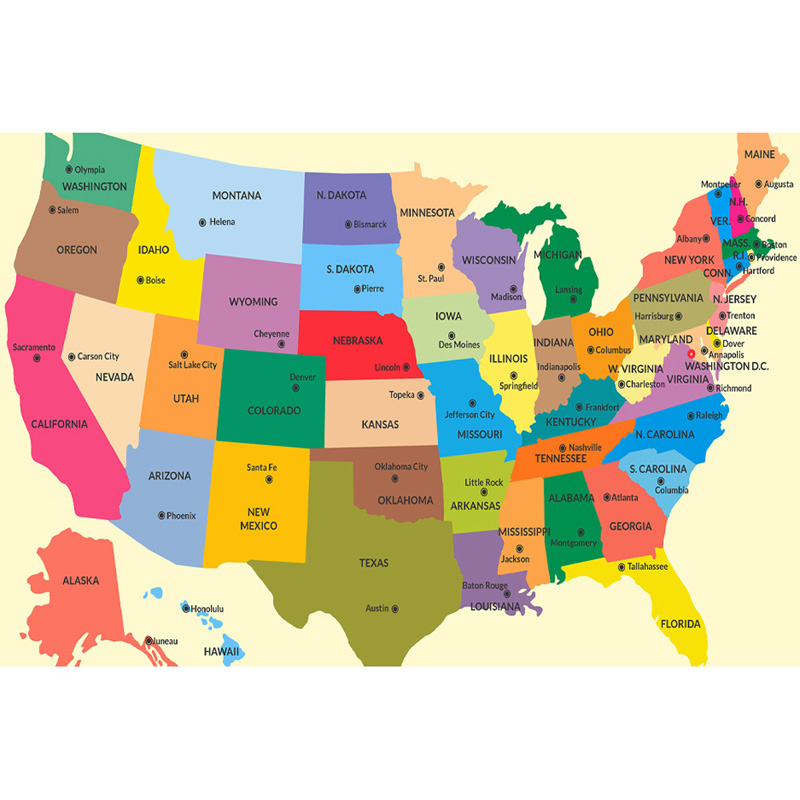 Carte des États-Unis sans cadre - Carte administrative, décoration intérieure, outil géographique, outil de tourisme/éducation