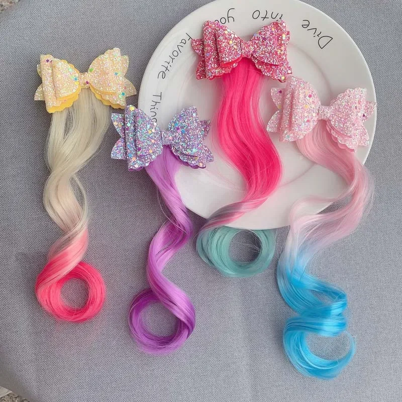 Arcos headbands princesa faixas de cabelo laços meninas perucas coloridas unicórnio rabo de cavalo grampos de cabelo trança crianças presente acessórios