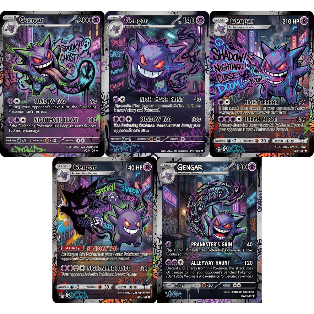 5 Stück Pokemon PTCG-Karten Gengar Street Graffiti Style Anime-Sammelkarten Holografische Seltene Karten Kunst Pokemon Flash-Karten Geschenk