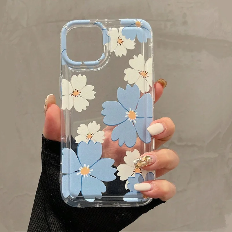 Zomer blauw groot bloempatroon transparant telefoonhoesje voor iPhone 15 14 Pro Max 13 12 Pro 11 X XR XS 7 8 Plus SE2 MiNi Cover