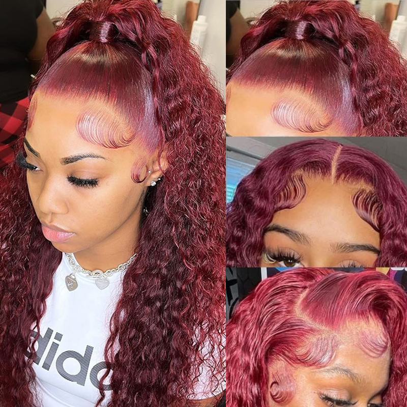 Peruca Frontal de Renda 13x6 com Cabelo Humano Remy Ondulado Borgonha 99j, Densidade 180, Cor Vinho Tinto, Ondas Profundas, para Mulheres