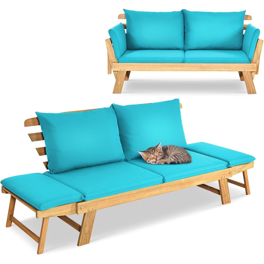 Tweepersoonsbed met traagschuimmatras, houten frame, geschikt voor buitengebruik, grijs/beige (turkoois)