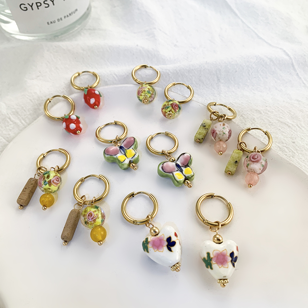 Boucles d'oreilles papillon peintes à la main pour femmes, Y2k, cercle en acier inoxydable, Huggies, fleur, cœur, perle, cerceau, tendance 2022