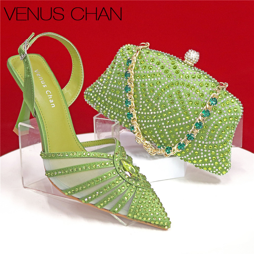 Conjunto de Tacones Elegantes Color Verde Fruta y Bolso con Pedrería para Mujer 2026 - Diseño Italiano para Bodas y Fiestas