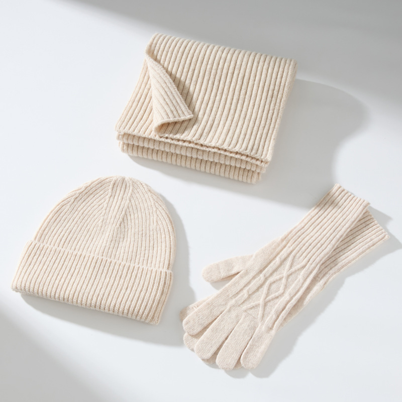 Wool Beanie Scarf And Glove Sets Knit Ribbed Three Piece Set Winter Accessories